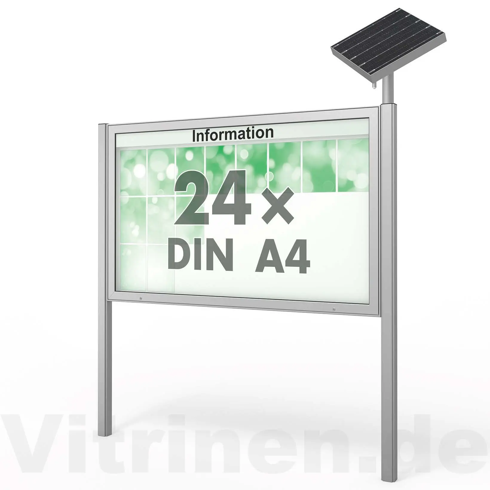 24 x DIN A4 Schaukasten Plenum eckig - der "Klassiker" mit Solar-Modul und Pfosten - Bautiefe 210mm